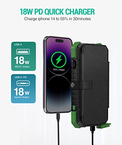 BLAVOR Solar Charger Power Bank, PD 18W Fast Charging 20000mAh Battery Pack with 4 Foldable Panels, Portable Solar Powered USB C Charger with Camping Flashlight Compass Carabiner for Cell Phone