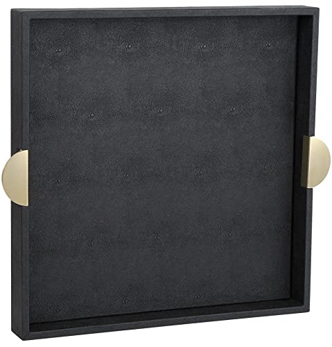 HofferRuffer Faux Leather Decorative Serving Tray, Elegant Coffee Table Tray, Ottoman Tray, Breakfast, Drinks, Liquor Serving Platter, Black Shagreen Finish with Gold Hardware Handle (Square)