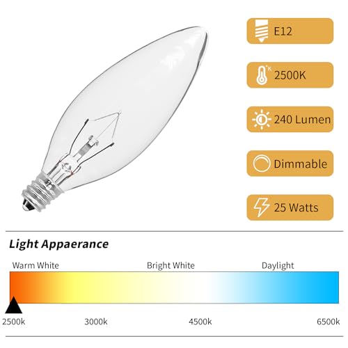 CYLYT 6-Pack E12 Candle Light Bulbs 25W Warm White 2500K, 240 Lumen Dimmable Chandelier Light Bulbs for Ceiling Fan, Pendants or Outdoor, B10 Clear Candelabra Base Bulbs
