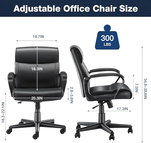 OLIXIS Executive Office Chair with Padded Armrests Mid Back Lumbar Support and Adjustable Height & Tilt Angle, PU Leather Swivel Rolling, Modern Black