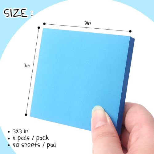 Sticky Notes 3x3 Pop Up Self-Stick Notes Pads with Bright Colors, Easy to Post for Office, School, Home, 4 Pads/Pack, 90 Sheets/Pad (Blue)