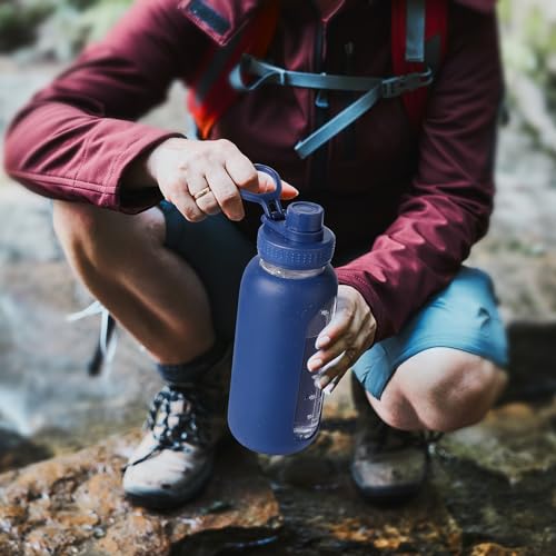 EALGRO 32 oz Glass Water Bottle with Straw and Handle, Sports Motivational Water Flask with Silicone Sleeve, Large Leakproof Water Flask Cup with Time Marker for Travel, Gym, Navy