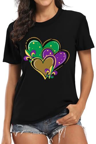 MAIHUN Happy Mardi Gras Shirt Womens Mardi Gras Day Heart Tshirt Tuesday Carnival Tee New Orleans Party Short Sleeve Black