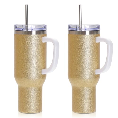 PYD Life 40 OZ Sublimation Tumblers with Removable Handle and Straw Lid Glitter Gold Blanks for 40 OZ Tumbler Heat Press Sublimation Oven Printing 2 Pack