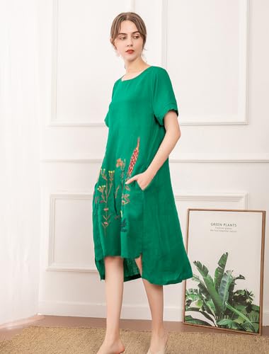 Minibee Women's Embroidered Linen Dress Summer A-Line Sundress Hi Low Tunic Clothing Green M