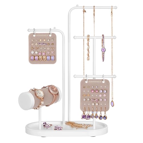 SONGMICS Jewelry Stand, Jewelry Organizer, Jewelry Display Holder with Metal Frame, 2 Earring Boards, 4 Hanging Rods, Necklace Earring Bracelet Holder, for Watches, Cloud White UJJS025W01