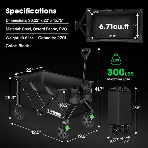 VIVOSUN Collapsible Folding Wagon, 300lb Load-Bearing Outdoor Utility Cart with Silent Universal Wheels, Cup Holders &Side Pockets, Adjustable Handle, for Camping, Garden, Sports, Picnic, Shopping