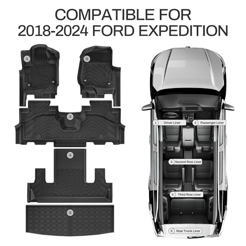 AUTOSAVER88 Floor Mats for 2018-2023 2024 Ford Expedition 7-Seat with 2nd Row Bucket Seats, TPE All Weather Custom Fit Ford Expedition Cargo Mat, 1st 2nd 3rd Rows Floor Liner & Trunk Liner Car Mats