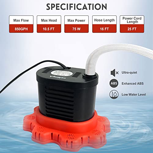AgiiMan Pool Cover Pump Above Ground - 850 GPH Submersible Water Pump for Pool Draining, Portable Small Sump Pumps with 16' Drainage Hose and 25' Power Cord, 3 Adapters, Green