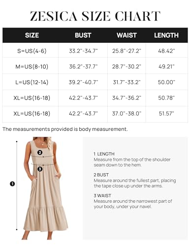 ZESICA Women's 2024 Summer Sleeveless Dress Square Neck Pleated Tiered Swing Maxi Dresses with Pockets,Apricot,Small