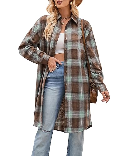 Zontroldy Women's Mid Long Casual Button Down Long Flannel Shirts Plaid Shacket Jacket with Pockets(0909-01Brown-S)