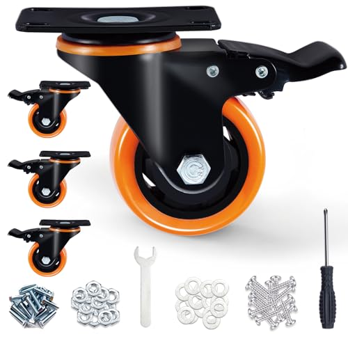 SOCHER 5 Inch Plate Caster Wheels, Heavy Duty 5” Casters Set of 4 with Brake,No Noise Polyurethane Wheels and Safety Dual Locking casters, Swivel Plate Castors (Two Hardware Kits)(5 inch)