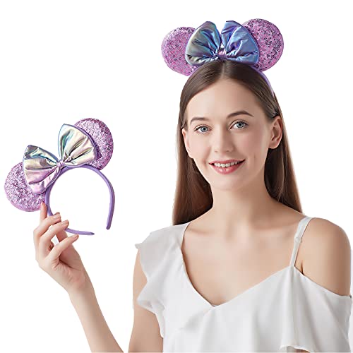 ZYTJ 2 Pcs Mouse Ears Headbands,Shiny Bows Mouse Ears Headbands for Birthday Parties, Themed Events, A Perfect Addition to Your Trip Essentials and Accessories for Women allpurple