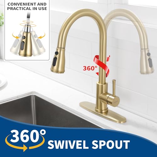 GUUKAR Gold Kitchen Faucet with Pull Down Sprayer, Modern Brushed Gold Single Handle Kitchen Sink Faucet with Deck Plate