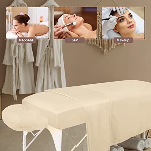 Oudain 4 Sets 3 Piece Soft Microfiber Massage Table Sheets Set Bulk Includes Massage Flat Sheet and Fitted Sheet and Face Rest Cover(Beige)