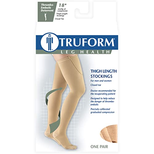 Truform Surgical Stockings, 18 mmHg Compression for Men and Women, Thigh High Length, Open Toe, Beige, Small