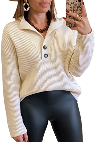 LILLUSORY Mustard Sweaters for Women 2024 Fall Pullover Knitted Button Up Sweater Foldover Collar Tops StripedApricot M