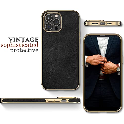 LOHASIC Phone Case for iPhone 14 Pro, Vintage PU Leather Luxury Elegant Men Women Cover, Anti-Slip Grip Scratch Resistant Protective Drop Proof Slim TPU Bumper, 6.1 Inch, 5G, 2022 - Black Gold