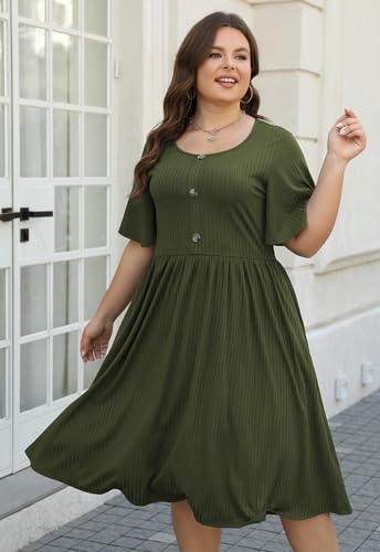 Keluummi Plus Size Casual Dress for Women, with Pocket and 3/4 Sleeve(20 Plus, Army Green)