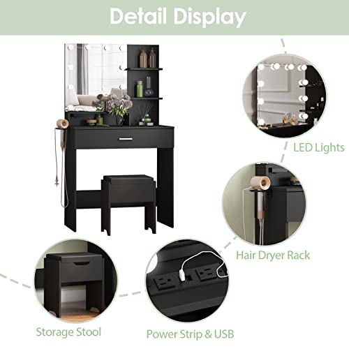 Vabches Makeup Vanity Table with Lighted Mirror & Power Strip, Vanity Set with Drawer Lots Storage, 3 Lighting Modes, Brightness Adjustable, 31.45 * 15.75 * 57.7in, Black