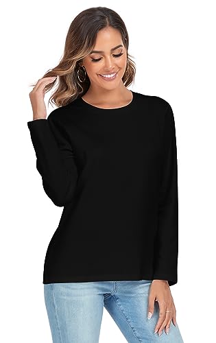 LOVFEE Women's Basic Crewneck Tee Long Sleeve Cotton Tops Loose Fit T-Shirt Black/S