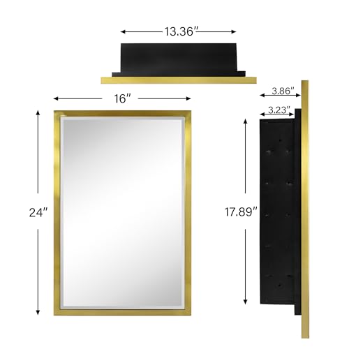 TEHOME Gold Metal Framed Recessed Bathroom Medicine Cabinet with Mirror Rectangle Tilting Beveled Vanity Mirrors for Wall 16 x 24 inches