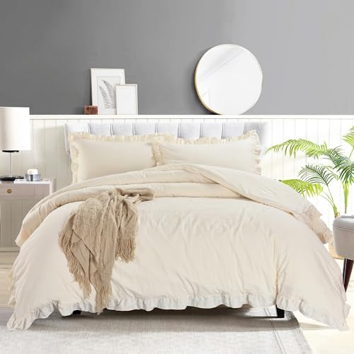 Tyfitb 100% Washed Cotton Duvet Cover Set, 3 Pieces Linen Feel Textured Soft Comfortable Breathable Bedding Set with Button Closure and Ruffled Fringe for All Season, Solid Beige, King, No Comforter