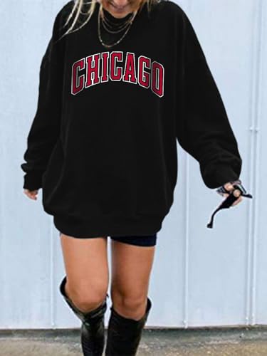 DOOLECK Women's Letter Graphic Print Sweatshirt Cute Chicago Oversized Pullover Crewneck Long Sleeve Tops for Teen Girl