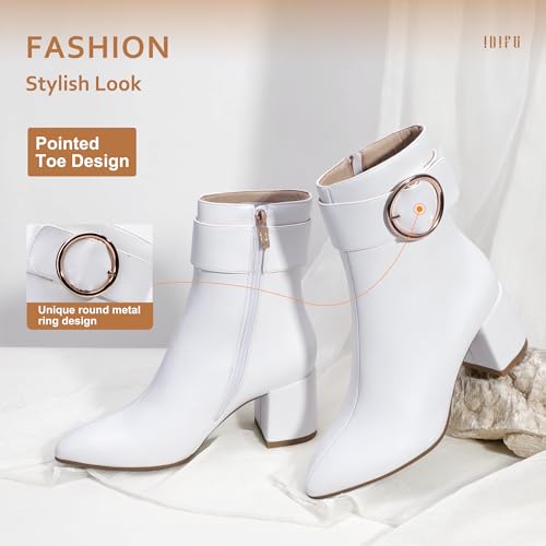 IDIFU Women Dressy Chunky Heel Ankle Boots Pointed Toe Metal Ring Zipper Short Booties -Need Half Size UP (Black Pu, 7)