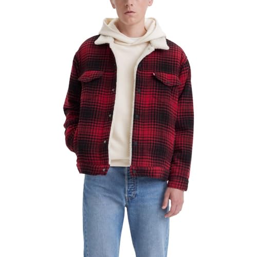 Levi's Men's Relaxed Fit Trucker, (New) Harvey Plaid Rhythmic Red