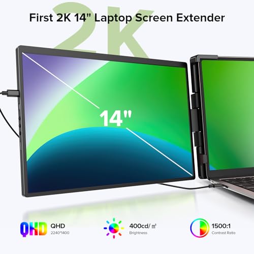 UPERFECT Laptop Screen Extender, 2K 14" 360°Unique Swivel Hinge w/ 180° Automatic Rotation, 2240x1400 QHD IPS Portable Monitor for 13"-17'' Laptops, Plug & Play Compatible with Mac, Wins, Android, Dex