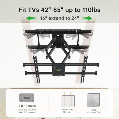 USX Mount Long Arm Full Motion TV Wall Mount for Most 42-90 inch TV 40 Inch Extension TV Mount，Wall Mount TV Bracket with 90°Swivel Up to 150lbs Fits 16” 18” 20” 24” Stud VESA 800x400mm XML035…