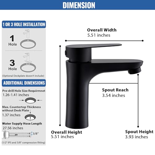 Black Bathroom Faucet,Single Handle Bathroom Sink Faucet, Commercial Bathroom Faucets,1 Hole Deck Mount RV Mixer Tap Lavatory Vanity Sink Faucet with Supply Lines KMBF008B