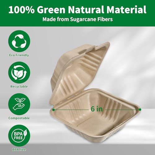 Aricsen Compostable 50 Pack 6x6 Inch Disposable Small Lunch Box Takeout Containers with Lid To Go Take Out Clamshell for Food, Eco-Friendly Biodegradable Bagasse Fibers, PFAS-Free, Unbleached Brown