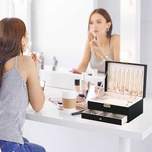 GUOER Jewelry Box for Women Girl Wife - Large PU Leather Jewelry Organizer Storage Case with Two Layers Display for Earrings Bracelets Rings Watches (Apricot)