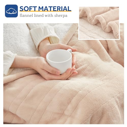 Sealy Heated Blanket Electric Throw, Flannel & Sherpa Heating Throw with 6 Heat Settings & 2-10 Hours Auto Shut Off, Fast Heating & ETL Certification, 50x60 Inch, Beige