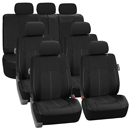 FH Group Perforated Leatherette Three Row Set 7 Seater Car Seat Covers, Airbag Compatible and Split Ready- Universal Fit for Cars, Trucks & SUVs (Black)