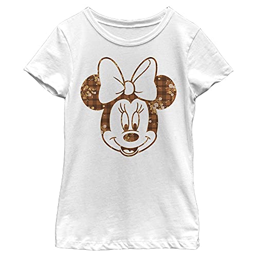 Disney Characters Fall Floral Plaid Minnie Girl's Solid Crew Tee, White, X-Small