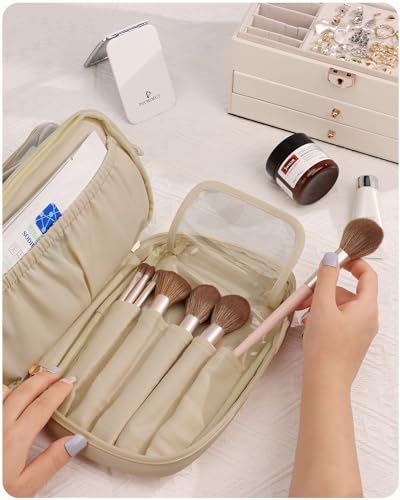 Pocmimut Makeup Bag,PU Leather Large Clear Makeup Bag Double Layer Travel Makeup Bag with Make Up Brush Bag Travel Essentials for Women(Apricot)