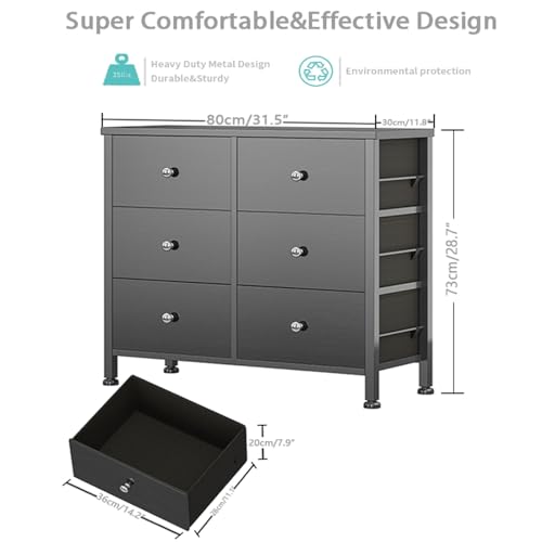 BOLUO Black Dresser for Bedroom 6 Drawer Dressers & Chests of Drawers Small Fabric Dresser Storage for Closet Modern