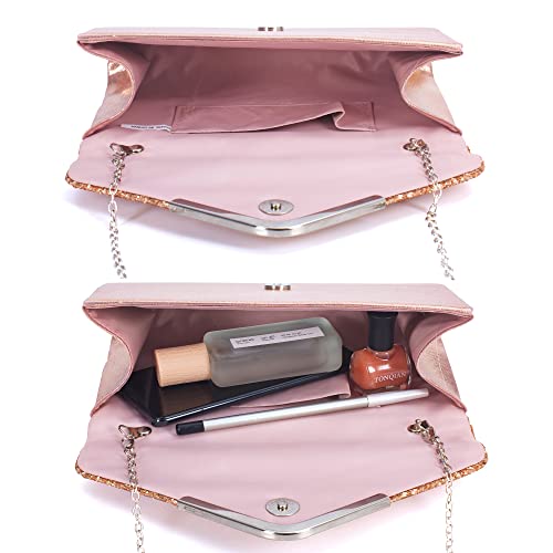 DIGOGO Sequins Flap Evening Purse Envelope Shaped Clutch Purse Chain Crossbody Shoulder Bag for Wedding Party Prom Ball Pink