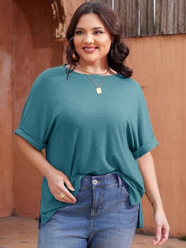 Plus Size Tops for Women XL-5XL Rolled Sleeve Crewneck Side Split Oversized T Shirts Stylish Tees Summer Casual Blouses Wine Red