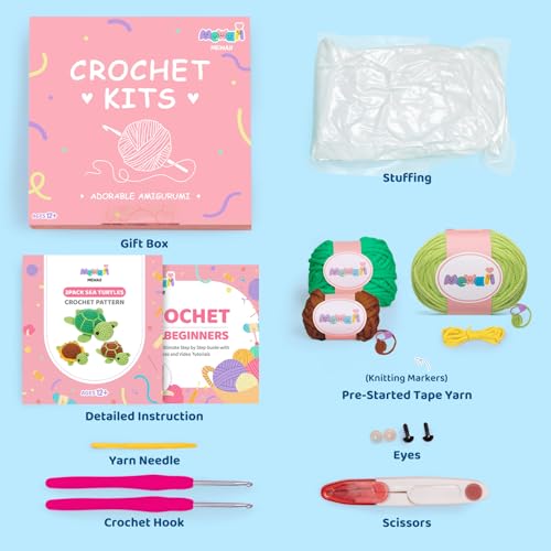 Mewaii Crochet Kit for Beginners, Crochet Animal Kit with Step-by-Step Video Tutorial, Learn to Crochet Starter Kit with 40%+ Tape Yarn, DIY Crochet Gifts for Kids Adults (Three Pack Turtles)