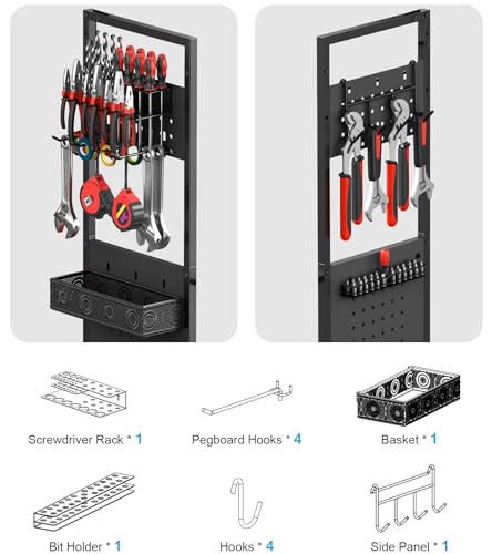 CCCEI Garage Power Tools Organizer Cart with Charging Station, Floor Standing Drill and Tools Battery Storage Cart with Cabinet. Utility Rack Gift for Men, Husband, Father Red.