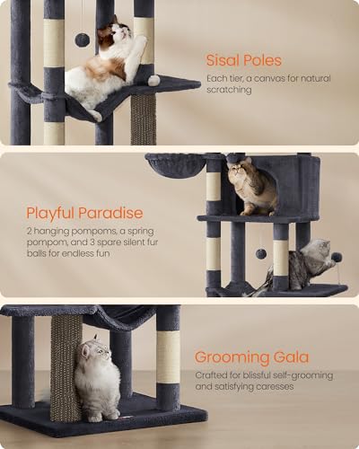 Feandrea Cat Tree, 69-Inch Tall Cat Tower for Indoor Cats, Multi-Level Cat Condo with 2 Caves, 2 Baskets, 5 Scratching Posts, Self-Groomer, Perch, Hammock, Dark Gray UPCT182G02