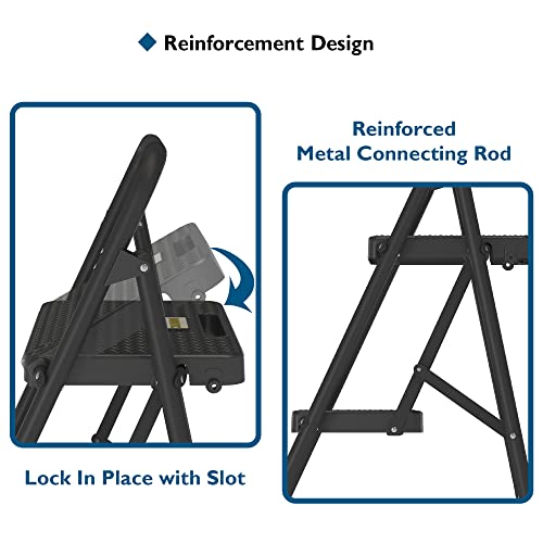 BONTEC 2-Step Ladder, Folding Step Stools for Adults with Wide Anti-Slip Pedals, Max Load Capacity 600lbs Sturdy Steel Ladder, Lightweight, Convenient Handle, Portable Steel Step Stool, Black