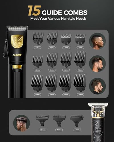 GLAKER Hair Clippers for Men Professional, Cordless Clippers for Hair Cutting, Mens Hair Clippers and Trimmer Kit for Barber with LED Display 15 Guide Combs