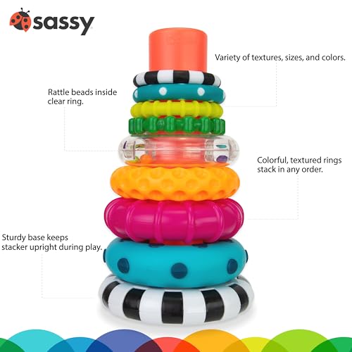 Sassy Stacks of Circles Stacking Ring STEM Learning Toy, Age 6+ Months, Multi, 9 Piece Set