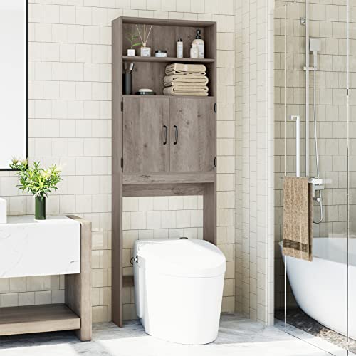 HOSTACK Over The Toilet Storage, Double Door Bathroom Organizer Toilet Cabinet, Freestanding Above Toilet Rack with Open Shelves and Adjustable Bottom Bar, 76.8 in H, White