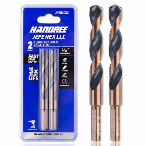 JEFE HEX 1/2" Dia. 5" OAL HSS Twist Drill Bit, General Purpose, 3-Flat Shank, Black and Gold Finished, 135 Degree Split Point, Ideal for Steel/Wood/Copper/Aluminum/Zinc Alloy/Plastic. (2-Piece)